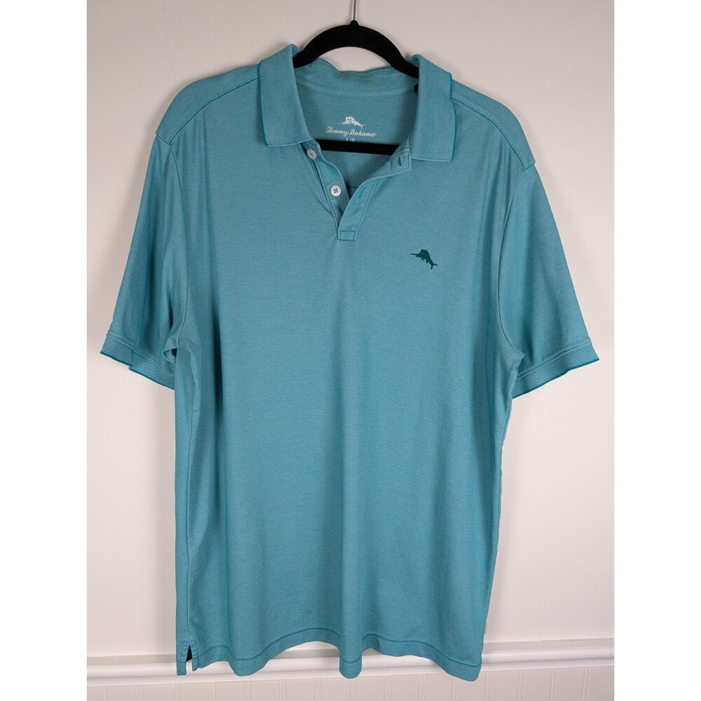 Tommy Bahama Mens Blue Solid Polo Shirt Size Large Golf Outdoor Sports Nature